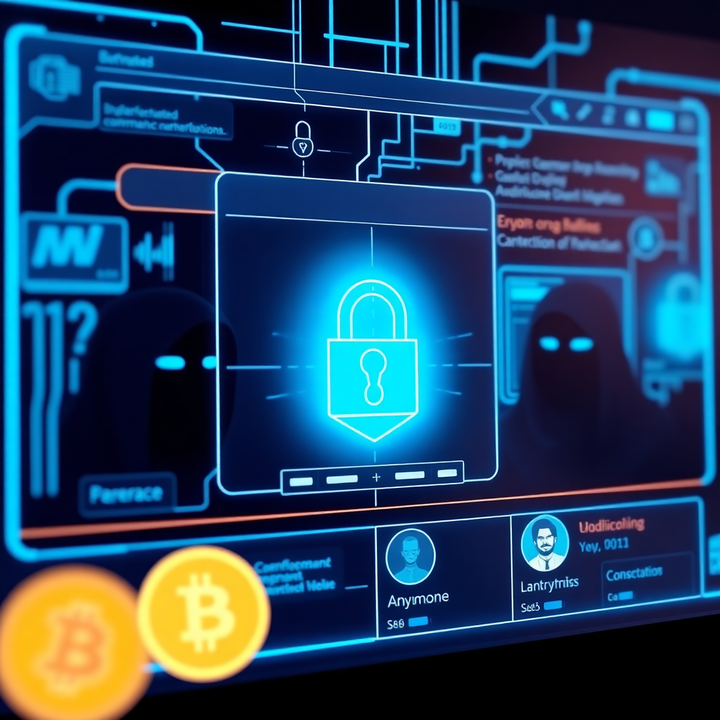 A glowing digital shield with a lock, neon turquoise and purple, symbolizing advanced online privacy and darknet security